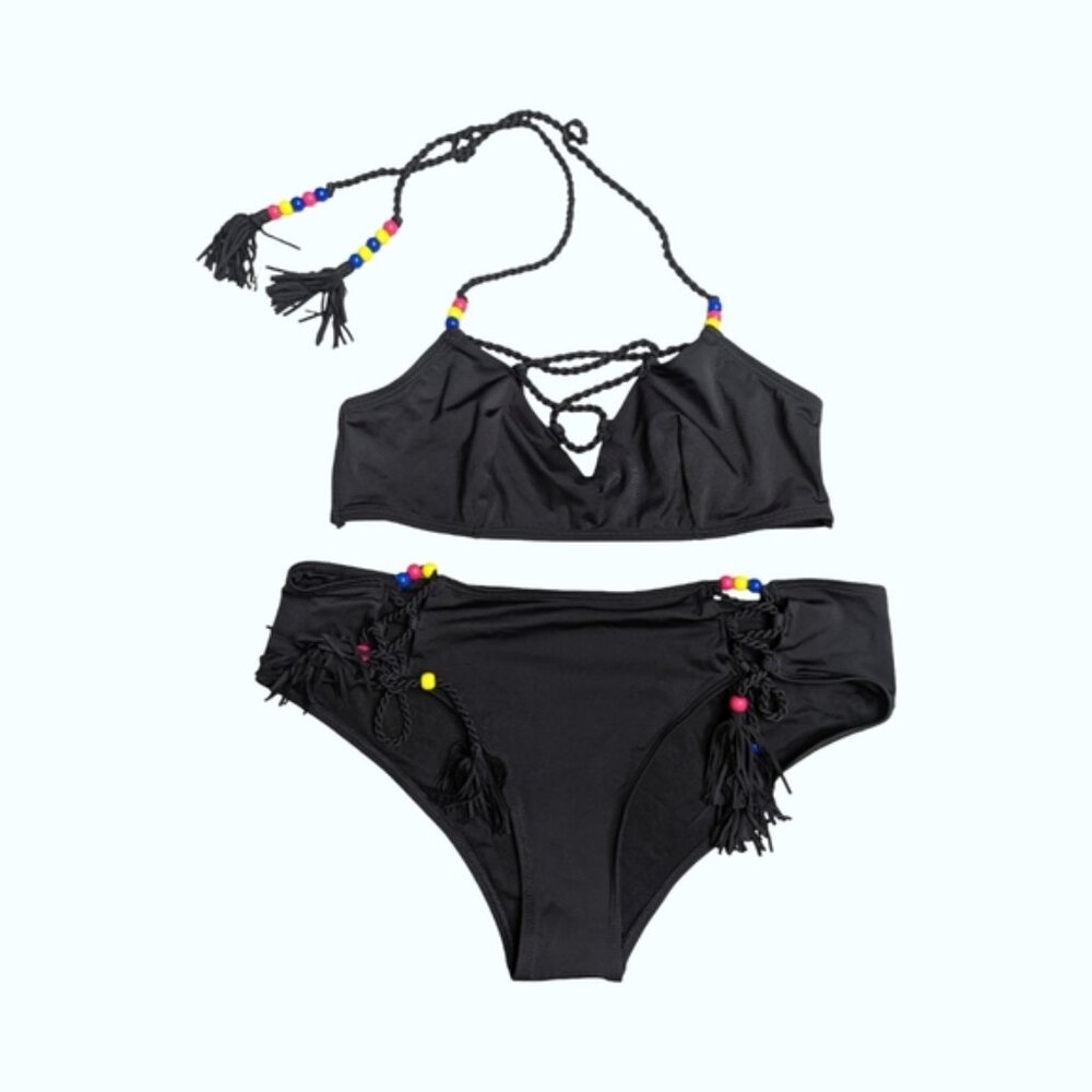 & Other Stories Fringe Tie Lace Up Bikini Set Black Size XS/S NWOT